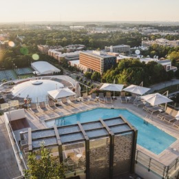 aerial view of large buildings