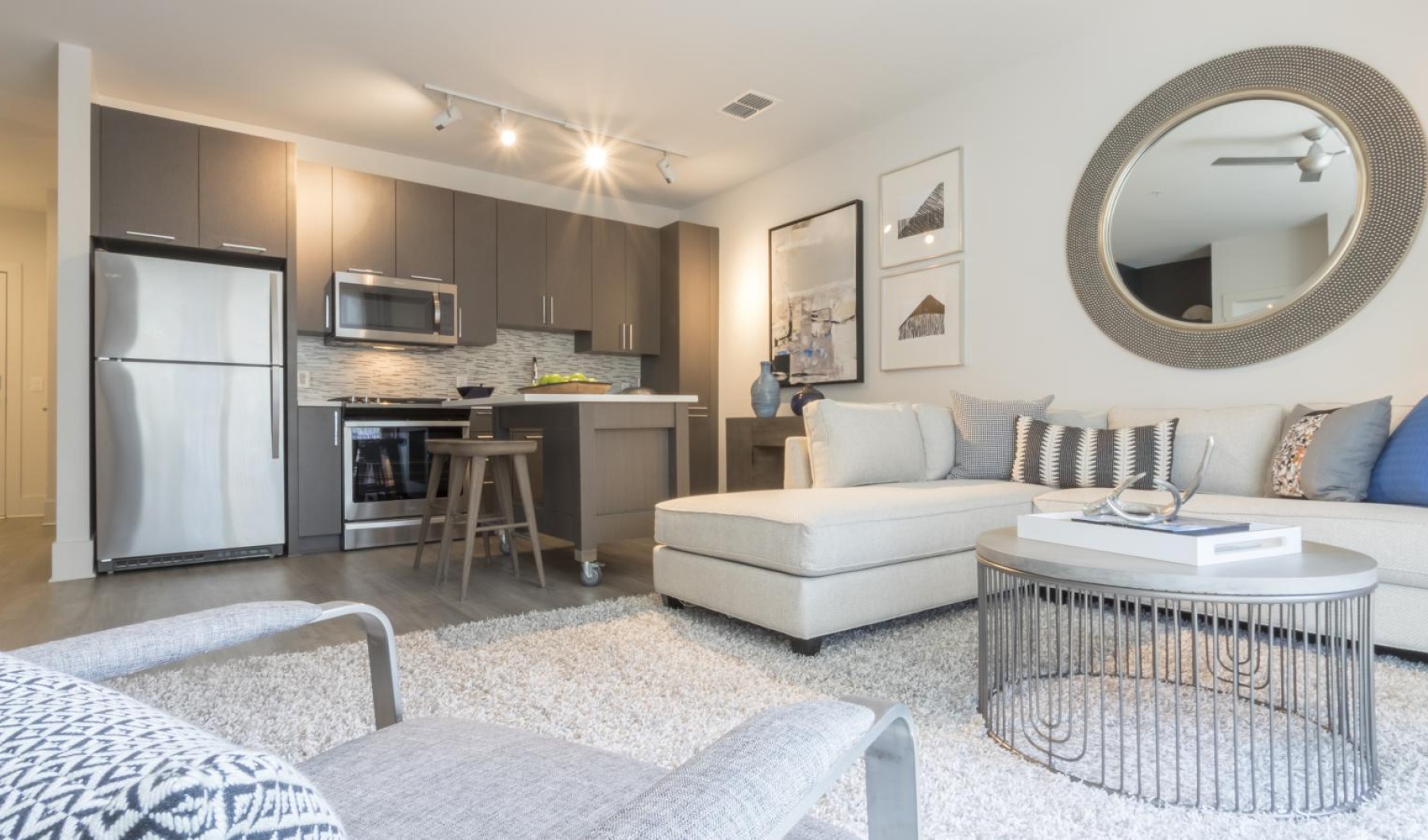 a living room with a fireplace